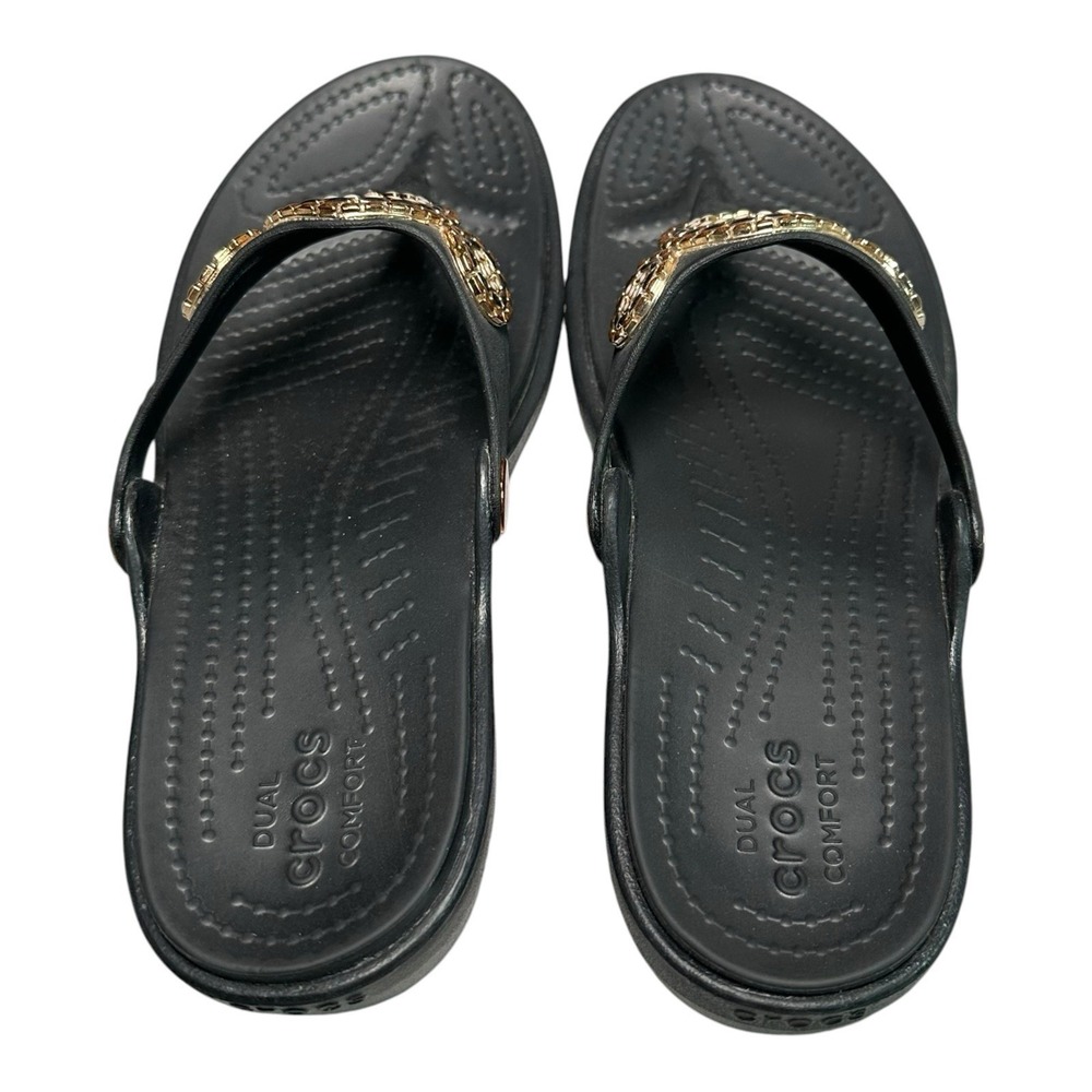 Crocs Sanrah Diamante Wedge Flip Flop Sandals Womens 7 Black Thongs Slip On - Picture 7 of 12